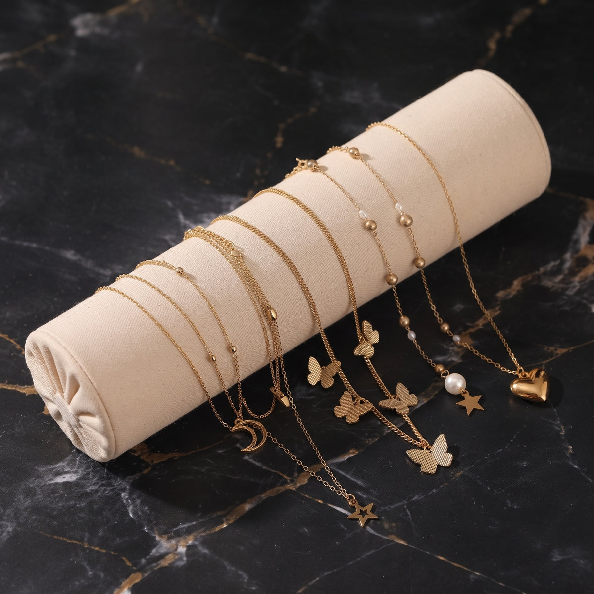 Pearl & Butterfly Golden Layered Necklace Stack (Set of 6)