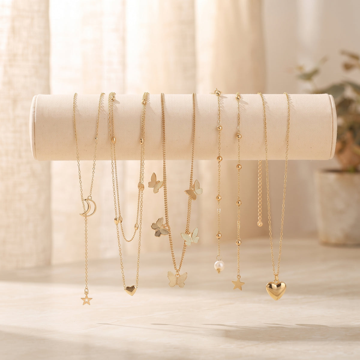 Pearl & Butterfly Golden Layered Necklace Stack (Set of 6)