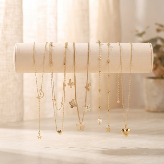 Pearl & Butterfly Golden Layered Necklace Stack (Set of 6)